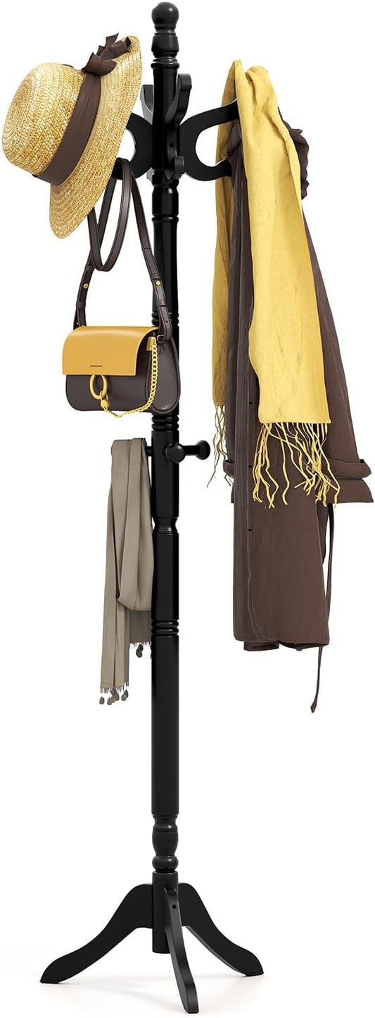 Tangkula Coat Rack Freestanding, Solid Rubber Wood Coat Tree with 11 Hooks and 3 Height Options for Coats, Hats, Bags, Purses, Clothes, Hanger Stand for Entryway Hallway Bedroom Office (Black) by TANGKULA