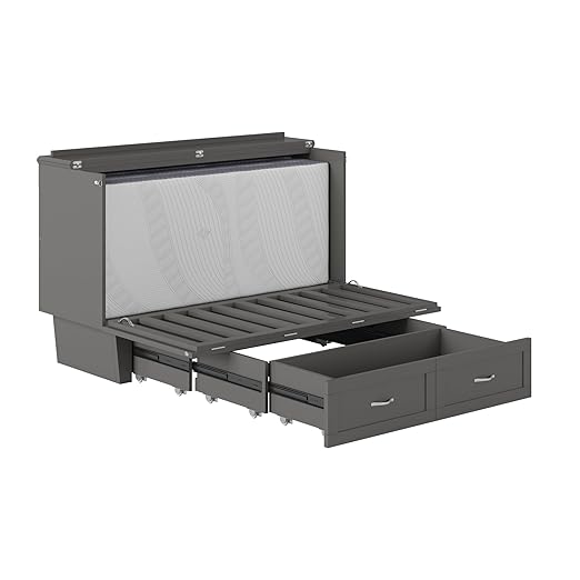 AFI, Chelsea Mid-Century Modern Queen Solid Wood Murphy Bed Chest with 6" Mattress, Storage Drawer & Built-in USB Charger, Grey