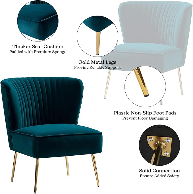 HULALA HOME Velvet Accent Chair, Modern Upholstered Cute Side Chair with Gold Metal Legs, Armless Wingback Slipper Chair Comfy Living Room Chair for Bedroom Guest Room Vanity, Teal