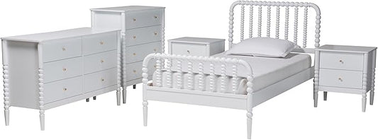 Baxton Studio Lucera Bobbin Wood Bedroom Set, 5-Piece, Twin, White
