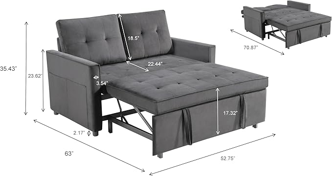 Casaphoria Pull Out Couch Bed, 3-in-1 Convertible Sleeper Sofa with Adjustable Backrest, Velvet Futon Loveseat with Side Pockets for Small Spaces, Living Room & Guest Room (Dark Grey)