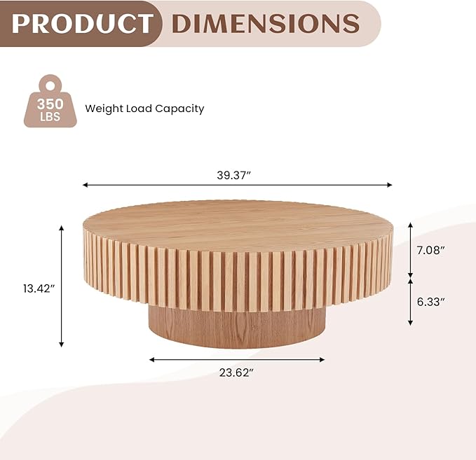 39.37" Round Coffee Table Wood, Modern Unique Oak Circle Coffee Table, Contemporary Drum Wooden Fluted Coffee Table Side Center Table for Living Room,Apartment,Office, Natural Ash