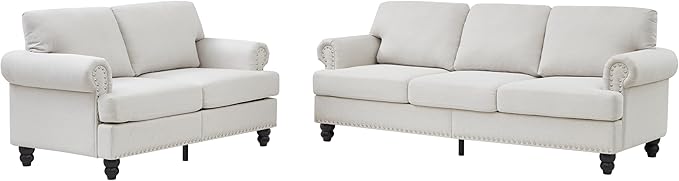 2 Pieses Living Room Sofa Sets Linen Fabric Couch and Loveseat with Nailhead Decor, Soild Wood Legs, Rolled Armrests & Storage ,2PCS Sofas 3 Seaters Couch and Love Seat for Living Room Furniture Sets