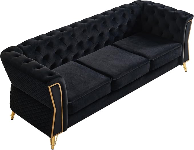 KEIKI 87" Chesterfield Velvet Button Tufted Sofa with High Density Foam Cushions, Modern Style 3-Seater Couch with Gold Strip Trim Decoration, Easy Assembly, for Apartment, Living Room, Office, Black