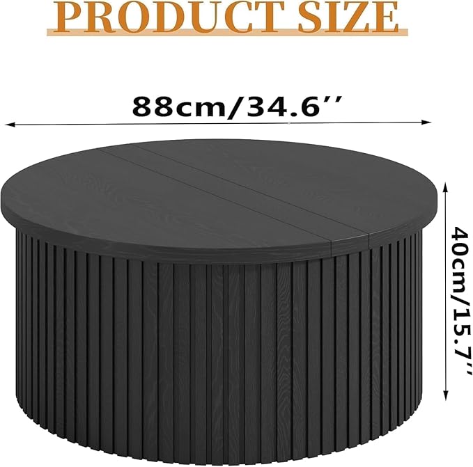 Fluted Lift Top Coffee Table with Hidden Storage, 31.6 Inch Round Coffee Tables for Living Room, Modern Circle Wood Center Tables for Home (Black)