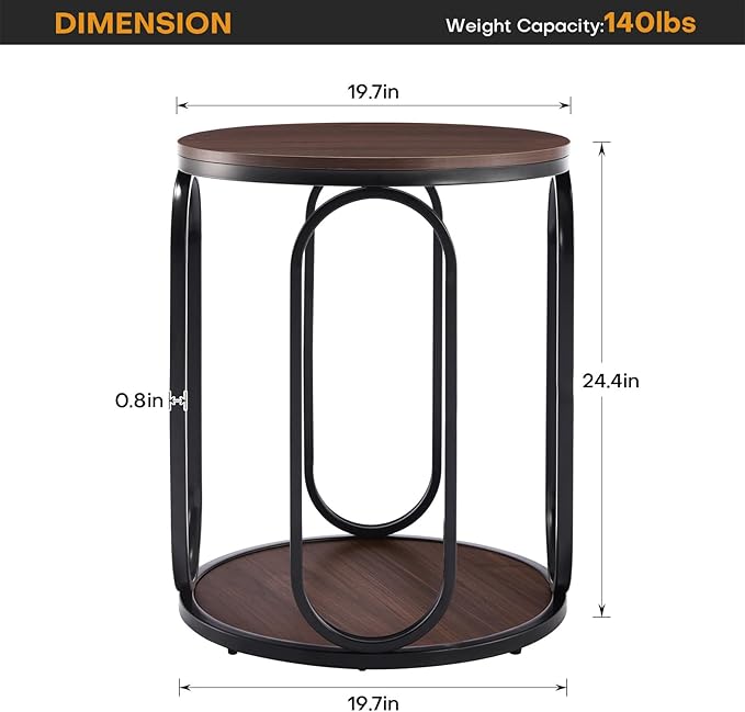 BECHAEO Small Side Table 19.7", 2-Tier Round Bedside Table with Storage, Wood Industrial Design End Tables for Living Room, Bedroom, Office, Bathroom, Dark Coffee