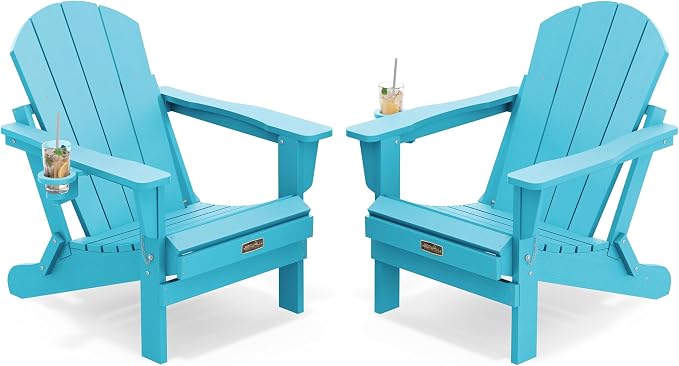 SERWALL Folding Adirondack Chair with Cup Holder Weather Resistant Patio Chair Outdoor Chairs Painted Adirondack Chairs Set of 2 - Aruba Blue by SERWALL