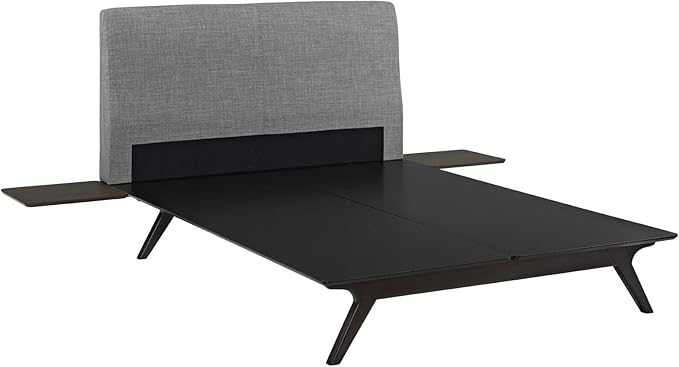 Modway Tracy Mid-Century Modern Wood Platform Queen Bed with Two Nightstands in Cappuccino Gray