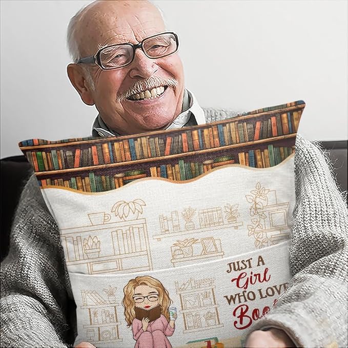 Custom Pocket Pillow, Personalized Bookish Gifts for Book Lovers, Booknerds, Bookworms, Just A Girl Who Loves Book, Books Themed Gifts for Women, Librarian Gift for Women Teacher Students