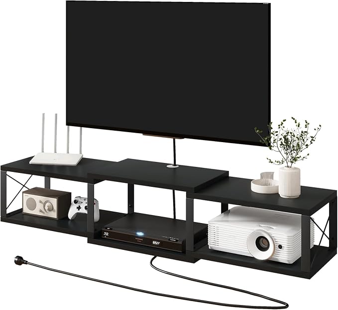 IBUYKE Floating TV Stand with Power Outlet,Wall-Mounted Floating Stand for TVs up to 55",Metal Wall Entertainment Center,Wall Mounted TV Shelf with Storage for Living Room Bedroom,Black UWST011B by IBUYKE