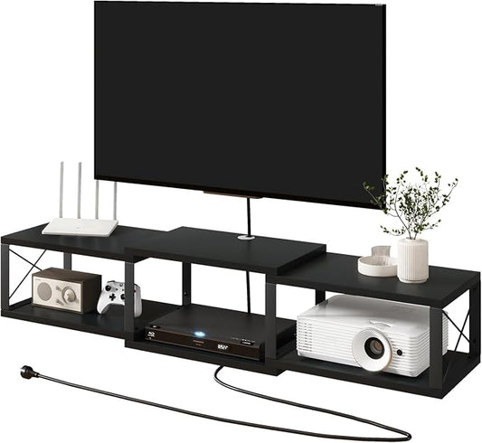 IBUYKE Floating TV Stand with Power Outlet,Wall-Mounted Floating Stand for TVs up to 55",Metal Wall Entertainment Center,Wall Mounted TV Shelf with Storage for Living Room Bedroom,Black UWST011B by IBUYKE