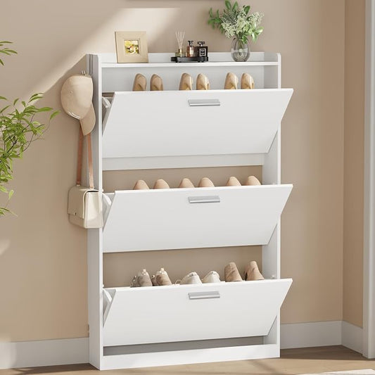 Shoe Cabinet Organizer with 3 Flip Drawers，Freestanding Shoe Rack Cabinet，Narrow Shoe Cabinet Storage for entryway，Foyer, Hallway, White, 23.6" W × 6.3" D × 47.2" H by Draelibor