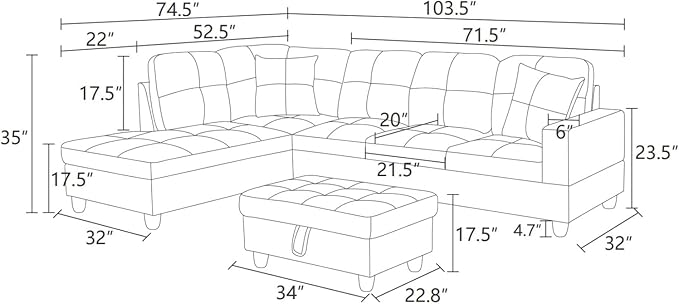 L-Shape Sofa with Storage Ottoman, Lint Sectional Couch with Left Chaise, Modern 3-Piece Sofa Set for Living Room, Upholstered Couch Set with Solid Wood Frame for Apartment, Dark Blue Brown
