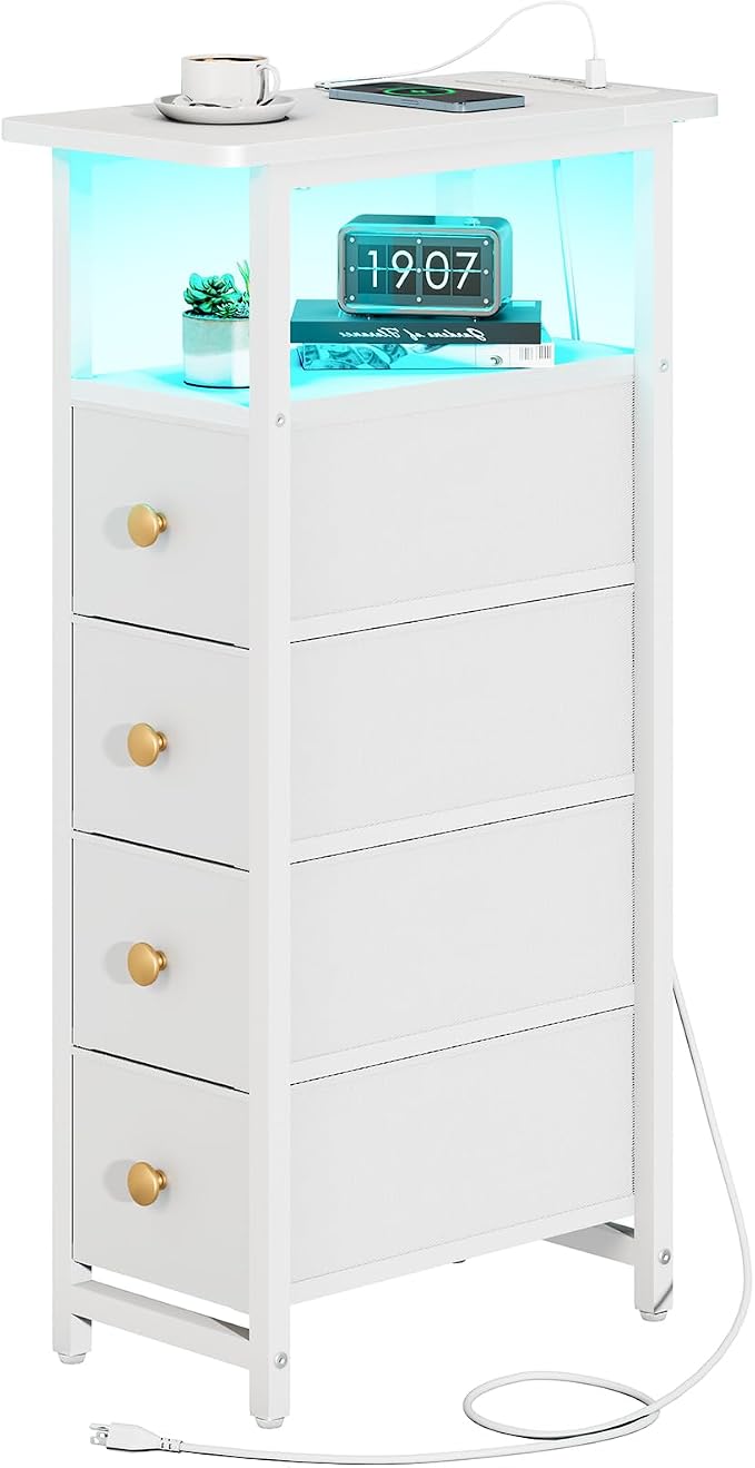 Yoobure LED Narrow Nightstand with Charging Station - Slim Dresser for Bedroom Narrow Side Table Storage Cabinet, Small Dressers Chest of Drawers, Tall Night Stand End Table for Small Spaces, White by Yoobure