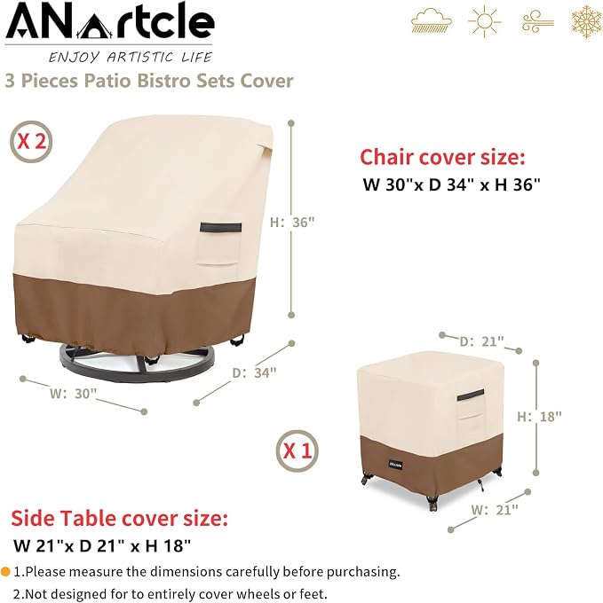 ANartcle 3 Pieces Patio Bistro Sets Cover,600D Waterproof Heavy Duty Patio Furniture Covers,Includes 2 Outdoor Swivel Chair Covers and 1 Patio Wicker Side Table Cover(Beige&Brown) - Image 3