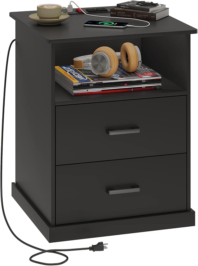 Hasuit Night Stand with Charging Station, Large Nightstand with Storage Drawers and Open Cubby, Black Bedside Side End Table for Home Office, Wider Tabletop 19.0'' x 15.0'' by Hasuit
