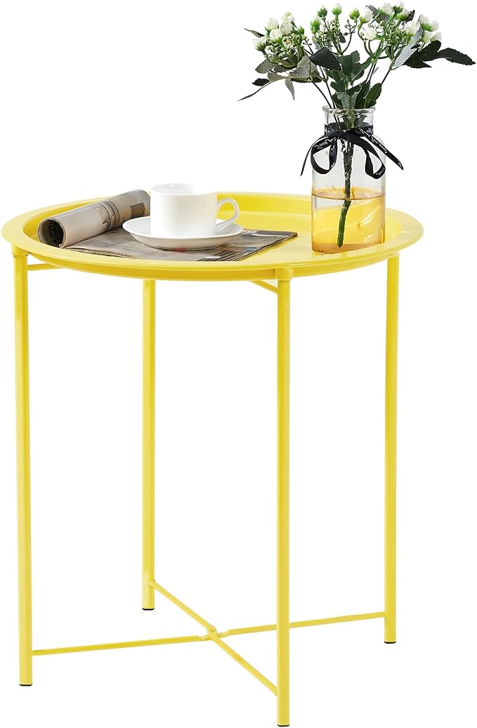 VECELO Side/End Table, Folding Round Metal Anti-Rust and Waterproof Outdoor or Indoor Tray for Living Room Bedroom Balcony and Office, 1 PCS,Yellow by VECELO