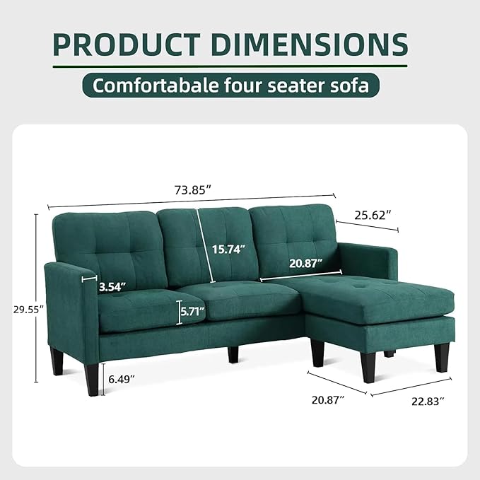 L Shaped Sectional Sofa with Movable Ottoman, Lounge Sectional Sleeper Sofa Couch for Apartment & Small Space, Small Couch for Living Room, Green