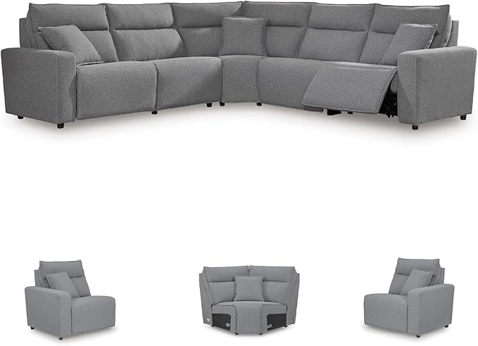 Signature Design by Ashley Modern ModMax II Stain Resistant L-Shape Symmetrical 5-Piece Power Reclining Sectional, Adjustable Headrest and USB Charging Ports, Gray