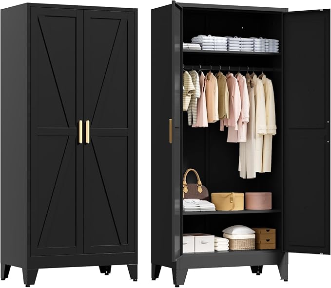 LCAOPC 71" Tall Metal Wardrobe Closet with Adjustable Shelves and Hanging Rod, 2 Doors Free Standing Armoire Wardrobe Cabinet for Bedroom, Office, Laundry Room, Black