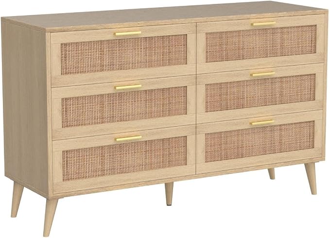 Rovaurx Rattan 6 Drawer Double Dresser for Bedroom, 47.2" Wide Boho Chest of Drawers, Modern Wooden Dresser Chest with Golden Handles, Beside Table for Closet, Living Room and Entryway, Natural Oak - Image 5
