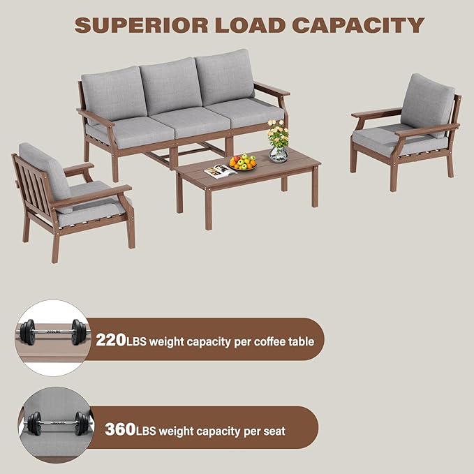 HDPE Patio Conversation Set, 6-Piece All Weather Outdoor Furniture Set with 2 Single Armchairs for Deck, Lawn, with Cushion, Brown
