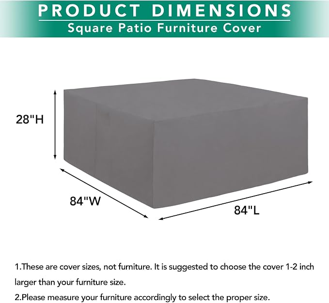 Easy-Going 600D Heavy Duty Patio Furniture Cover, Outdoor Square Table and Chair Set Cover, Waterproof Outdoor Sectional Set Cover (84"L x 84"W x 28"H, Grey) - Image 2