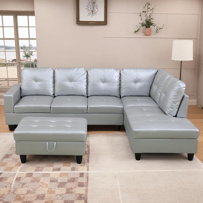 NicBex Modular L-Shaped Sectional Couches, 3-Piece Convertible Couch with Storage Ottoman, 4-Seat Comfy Sofa with Chaise for Living Room & Apartment, Silver