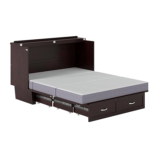 AFI, Chelsea Mid-Century Modern Queen Solid Wood Murphy Bed Chest with 6" Mattress, Storage Drawer & Built-in USB Charger, Espresso