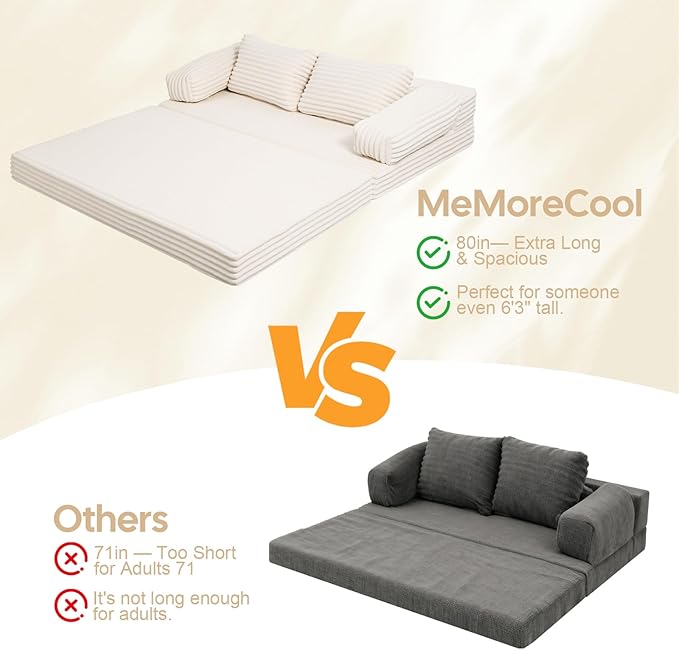 MeMoreCool Convertible Sofa Bed, Folding Floor Couch Bed Queen, Pull Out Sleeper Couch with Pillows, Fold Out Futon Sofa for Bedroom Living Room Small Space, Corduroy Beige