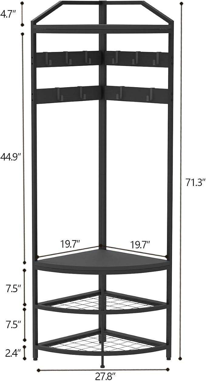 GiftGo Corner Hall Tree with Shoe Bench Entryway Coat Rack with 10 Metal Movable Hooks Freestanding Clothes Rack Shoes Shelf Organizer for Home Office Bedroom (Black) - Image 5