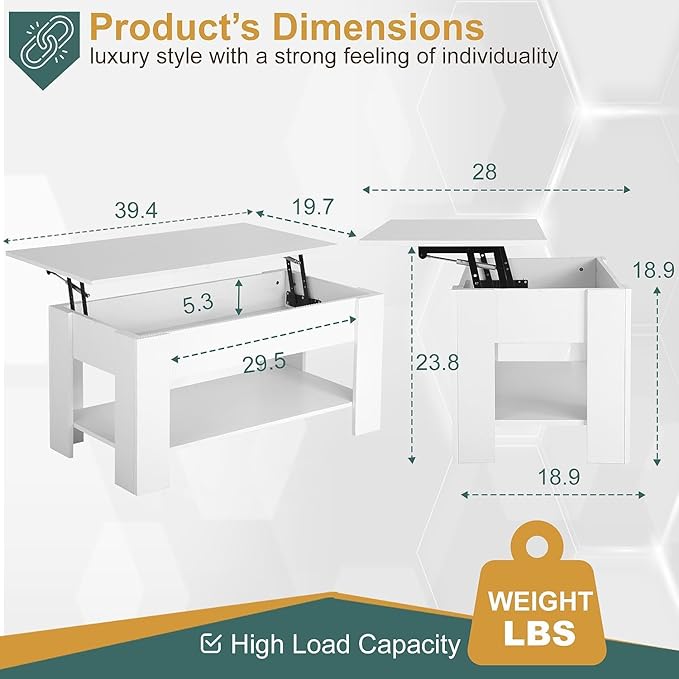 PayLessHere Coffee Table Lift Top Coffee Tables with Hidden Compartment and Storage Shelf Wooden Lift Tabletop Dining Table for Living Room Home (White, 39" D x 28" W x 24" H)