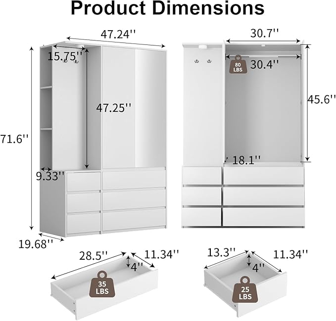 72'' Armoire Wardrobe Closet with Mirror and 6 Drawers,Bedroom Armoire Wardrobe Cabinet with Hanging Rod and Light,Wooden Bedroom Closet with 3 Storage Shelf (White)