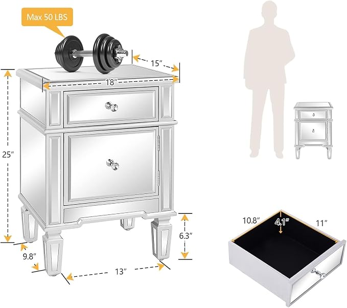 VINGLI Modern Nightstand Mirrored Bedside Table with 1 Drawer and 1 Cabinet Door for Bedroom, Silver - Image 3