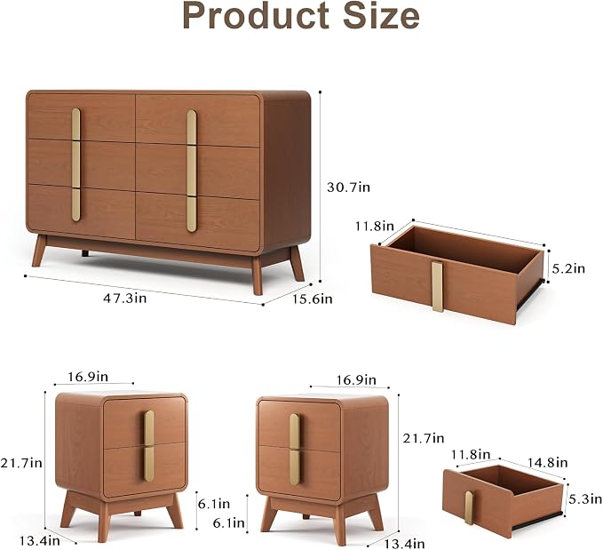 JOINICE Night Stand Set 2, Mid Century Modern Bedside Table with Drawers, Curved Profile Design End Table with Metal Handle, Nightstand Set of 2 with Storage, Bed Side Tables for Bedroom, Cherry - Image 2