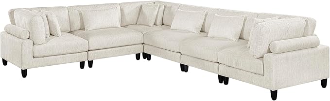 Lexicon 120 Inch Modular Sectional Sofa - Oversized 6 Seater Microfiber L Shaped Sectional Couch, 9 Accent Pillows, and Flexible Arrangement for Modern Living Rooms, Beige