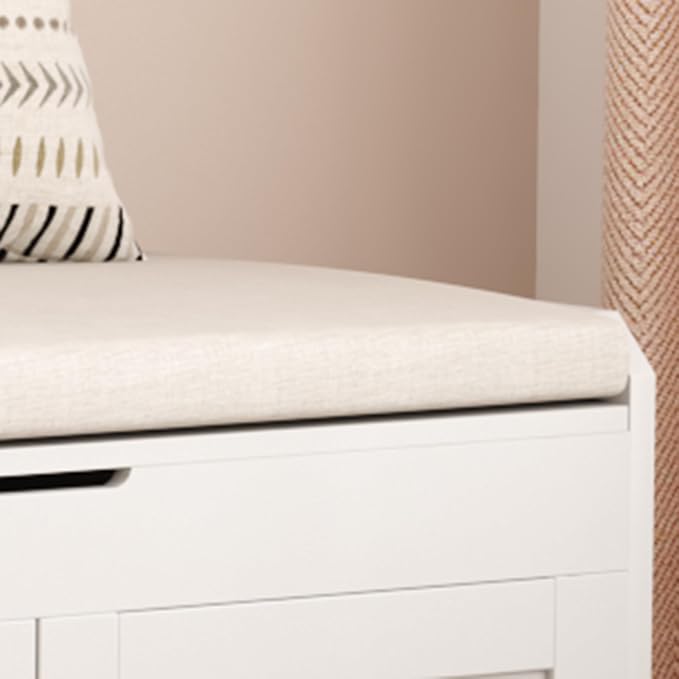 HOMEFORT 54.4" Shoe Bench with Lift Top Storage, Entryway Bench with Cushioned Seat, Wooden End of Bed Bench, Shoe Cabinet Bench with Hidden Storage Space, for Bedroom, Hallway,White - Image 9