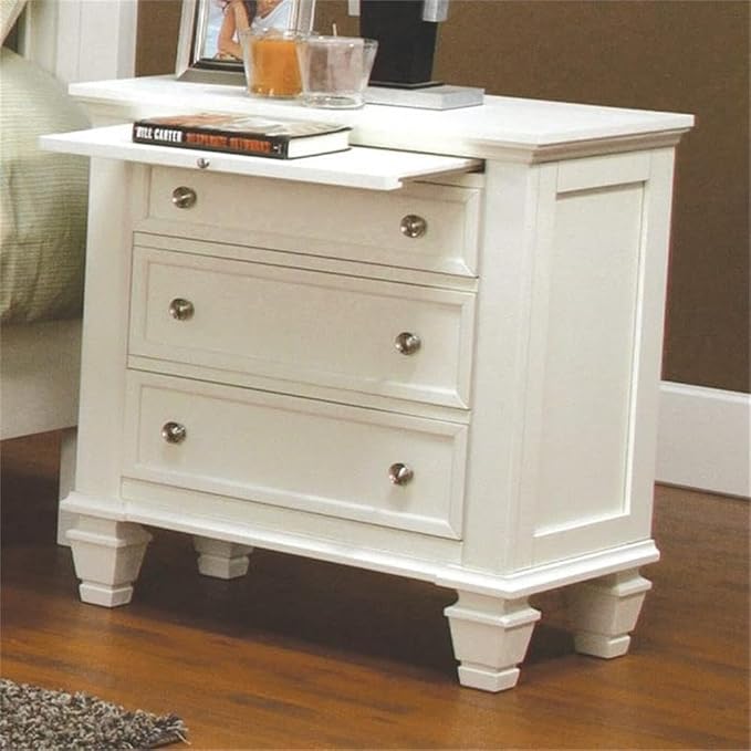 Bowery Hill 3-Drawer Coastal Wood Nightstand, White/Silver Finish, 29.75"H x 29"W x 16.5"D, Solid Asian Hardwood MDF, French Country Style, Felt-Lined Top Drawer, Slide-Out Tray for Bedroom Storage - Image 2