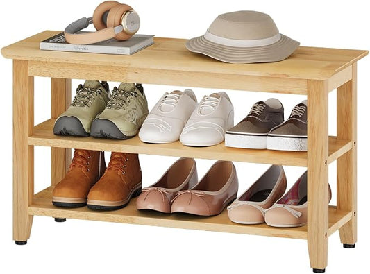 Wood Shoe Bench for Entryway,Bench with Shoe Rack,Storage Shoe Organizer for Hallway,Living Room,Bedroom (Natural, 31.5''W×11.81‘’D×17.71‘’H) by Furshus
