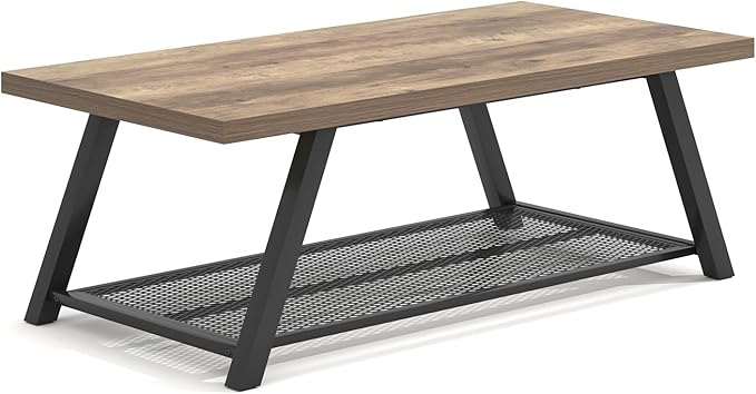 FOLUBAN Coffee Table with Storage, Modern Rustic Wood and Metal Coffee Tables for Living Room, Industrial 2-Tier Center Tea Cocktail Table, Oak, 47 Inch