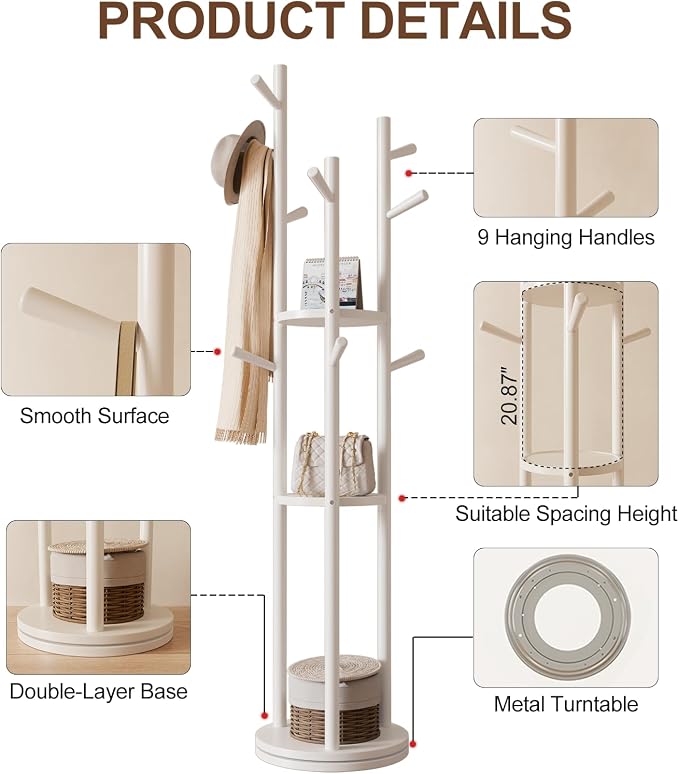Muwuele Solid Wood Rotary Coat Rack, Freestanding Coat Rack with 3 Shelves and 9 Hooks, Coat tree for Bedroom, Entryway, Livingroom, Coat Hanger Stand for Coats, Scarves, Handbags (White) - Image 5