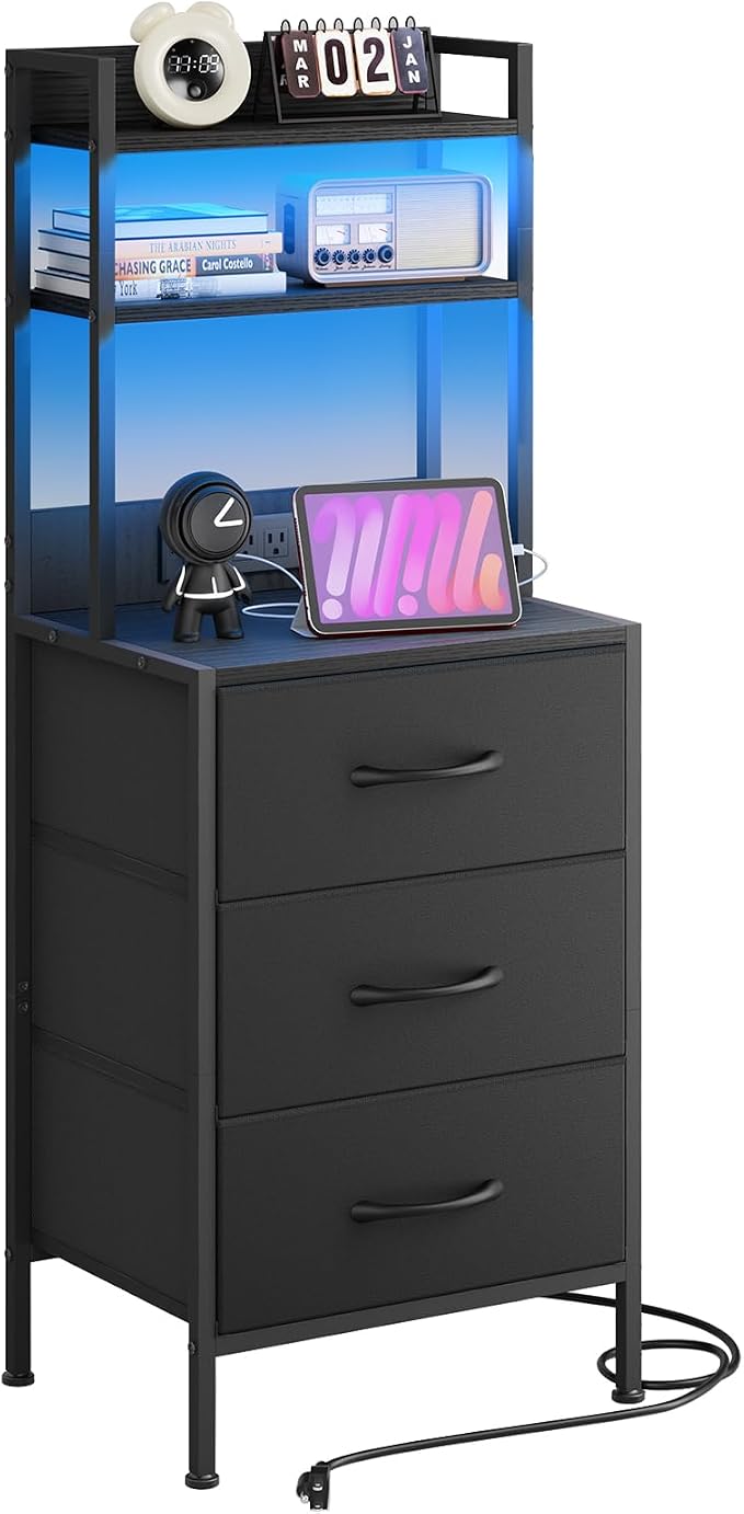 Fixwal 41 Inch Tall Nightstand with Charging Station, 3 Fabric Storage Drawers and Shelves, Led Night Stand with U-S-B Port & Socket, Bedroom Dorm Office, Bedside Table & Bookshelf in One, Black by Fixwal