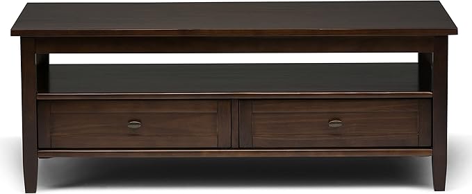 SIMPLIHOME Warm Shaker Coffee Table - 48 inch Wide Solid Wood Coffee Table in Tobacco Brown, Transitional Living Room Table with 2 Drawers, Open Shelf, Shaker Fronts and Tapered Legs