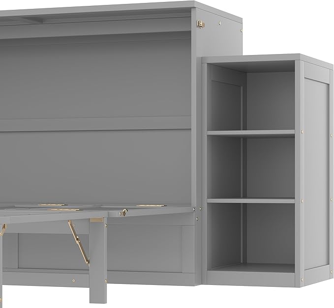Bellemave Queen Size Murphy Bed, Cabinet Bed with 2 Shelves and Storage Drawers, Farmhouse Murphy Cabinet, Noisy Free, for Guest Bedroom, Living Room, Office, Light Gray