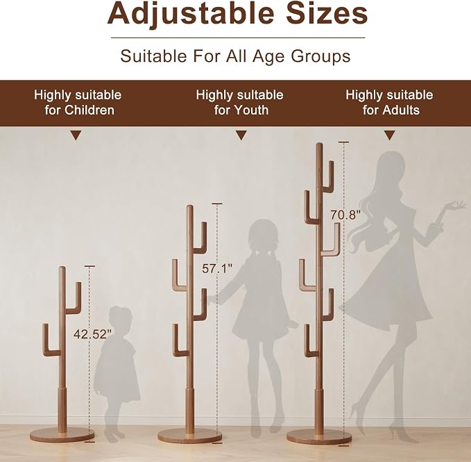 Muwuele Solid Wood Cactus Coat Rack, Freestanding Coat Rack With 6 L-Shaped Hooks and 3 Adjustable Sizes, Coat Tree for Bedroom, Entryway, Livingroom, Coat Hanger Stand for Coats, Handbags (Walnut) - Image 3