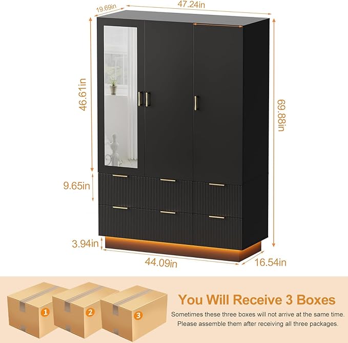 PAKASEPT Large Wardrobe Closet, Armoire Closet with Door and Mirror, LED Lights, Hanging Rod, Drawers, Armoires and Wardrobes for Bedroom (Black)