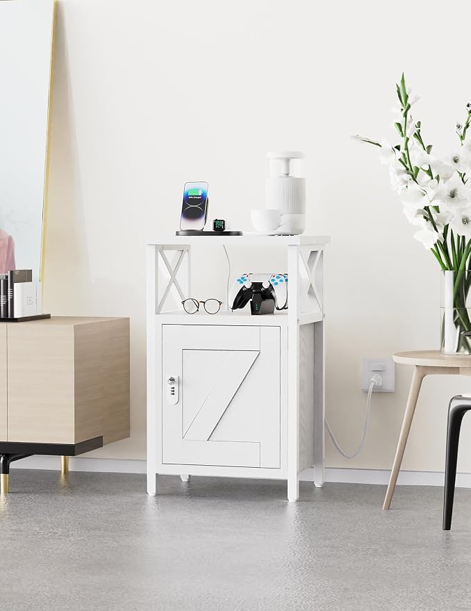 runjuly Wooden Nightstand with Lock, Bed Side Table with Drawers, Bedside Table with Charging Station, 3 USB & 2 Outlets, Night Stand with Storage, End Tables for Bedroom, Dorm, White - Image 8