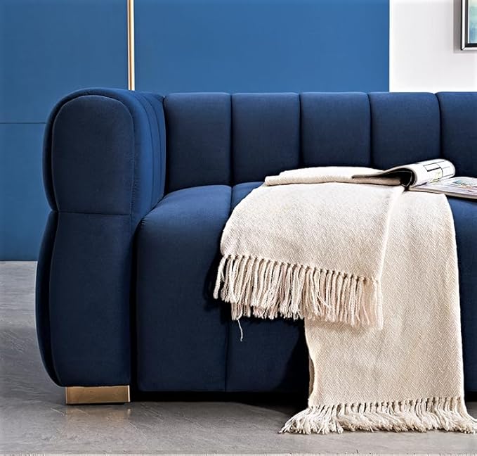 Art Deco Velvet Sofa with Tufted Low Back Design, Sophisticated 3 Seater Couch for Living Rooms, 89 Inch Wide, Easy Assembly, Blue