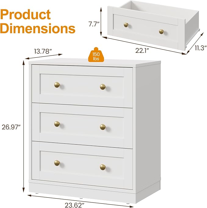 RoyalCraft White 3 Drawer Dresser, Small Dresser for Bedroom, Wood Nightstand with Drawers, Modern Chest of Drawers for Closet, Living Room, Entryway - Image 2