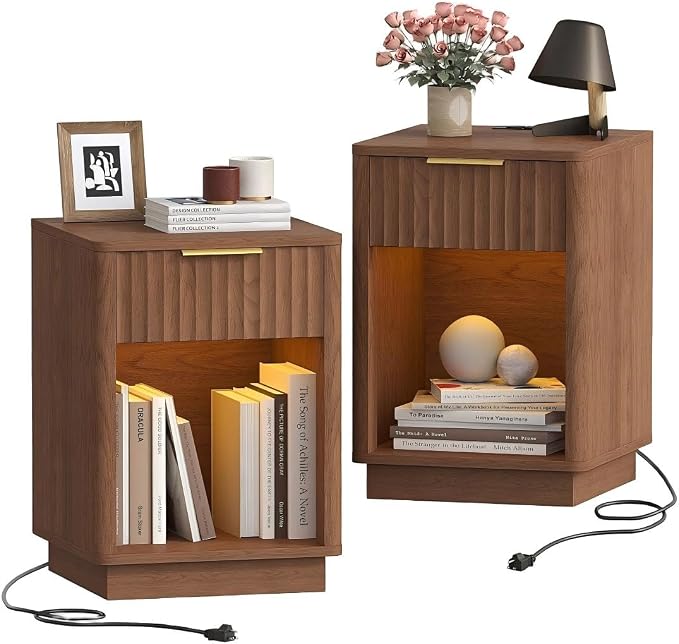 Akxomel Fluted Nightstands Set of 2, Wooden Night Stand with Charging Station and LED Light, Modern Mid Century End Table with Drawer, 15" D x 15.7" W x 22.6" H, for Bedroom, Walnut by Akxomel